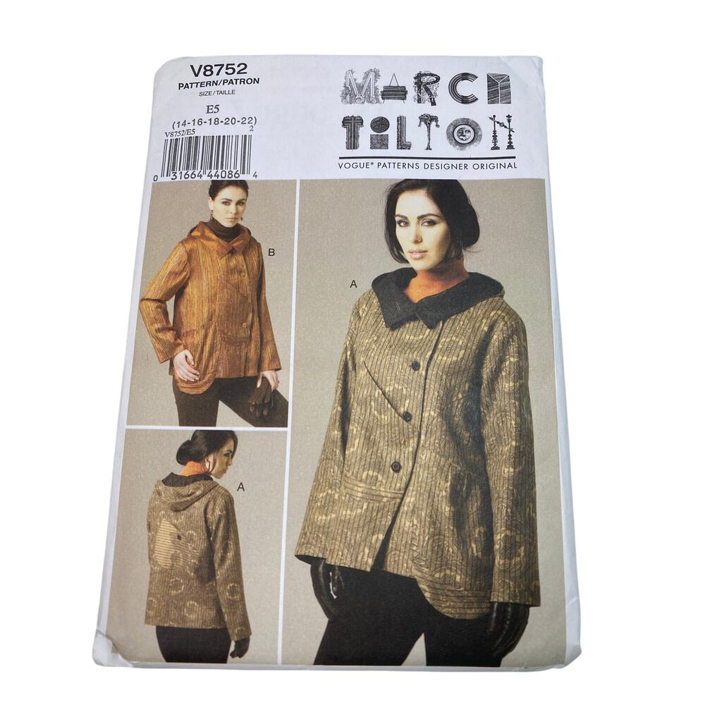 Vogue V8752 Marcy Tilton Jacket Pattern Size E5 14-22 Lined Hooded OOP UC FF VTG